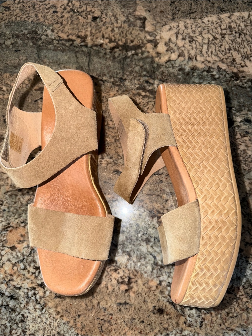 Neutral Tan Suede Platform Sandals with Woven-Texture Sole